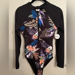NEW Long-Sleeve Black Floral One-Piece Swimsuit with Front Zip